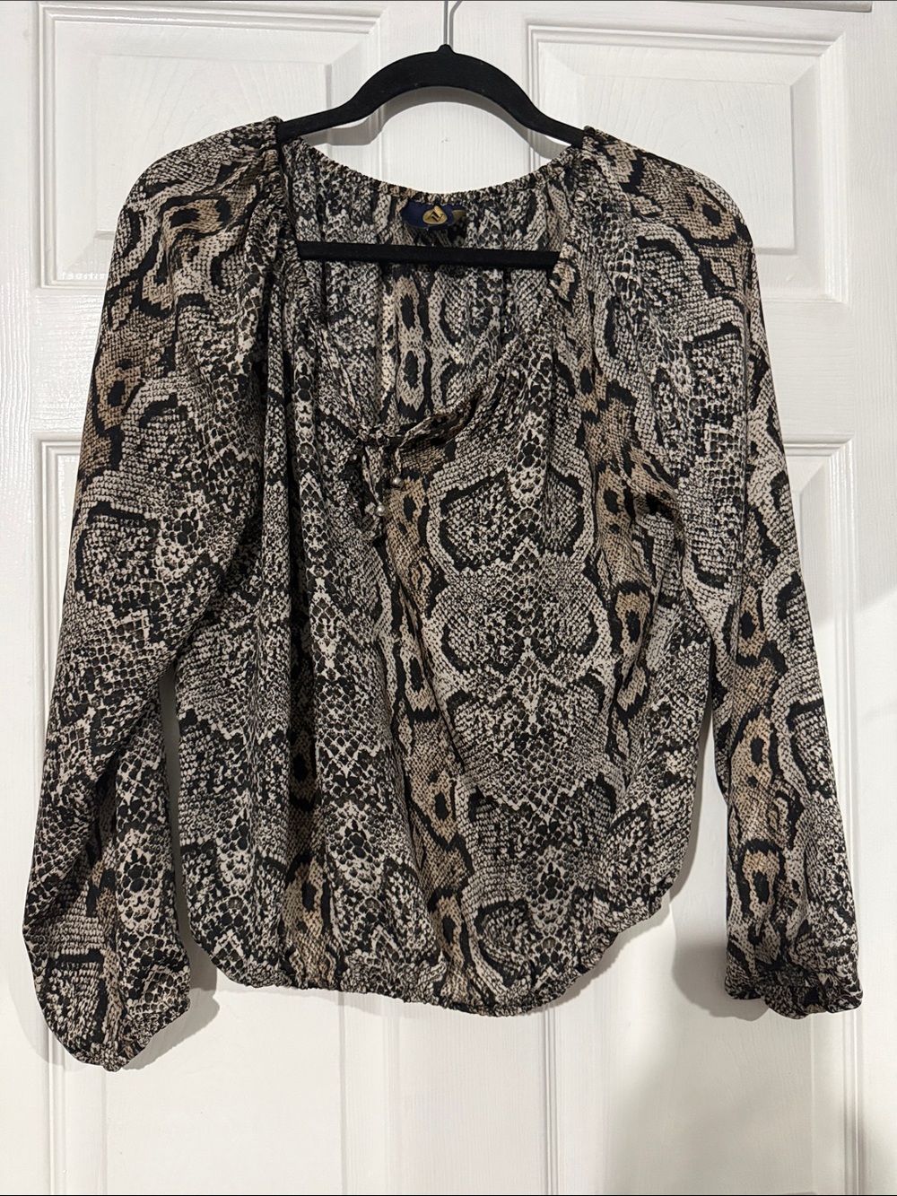 Adrienne Vittadini Taupe and Black Snake-Print Long Sleeve Blouse